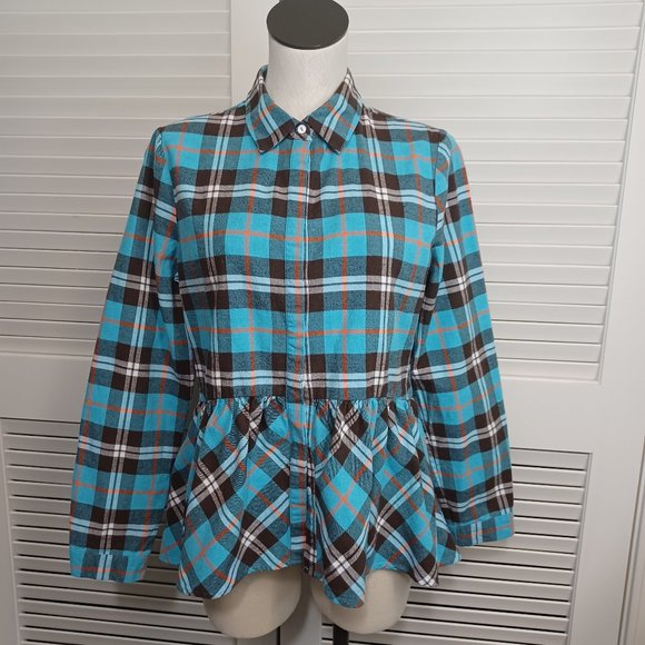 Sundance Hayden Creek Blue Plaid Flannel Peplum Top Plaid Size Large - Picture 2 of 15